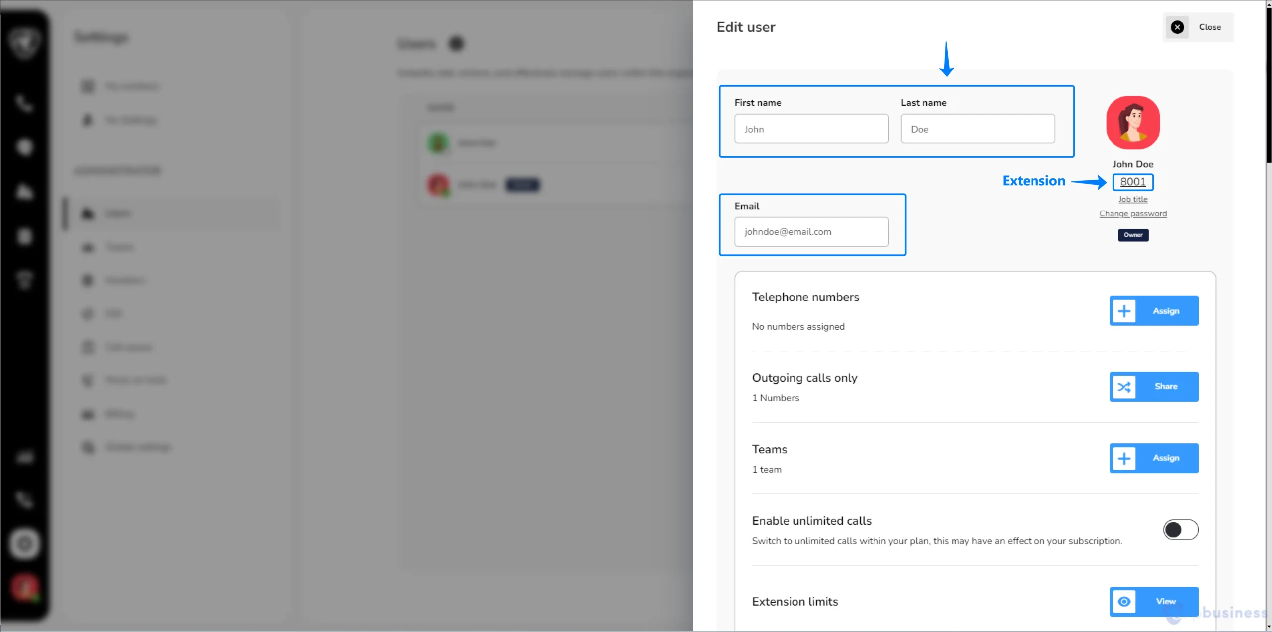 edit user name email and extension