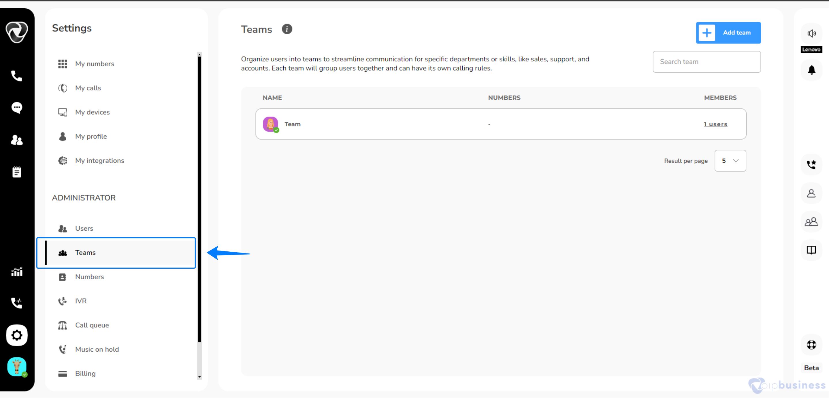 click on teams from setting